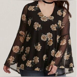 Women’s Torrid Sz 0 Bell Long Sleeve Black Yellow Gold Floral Blouse